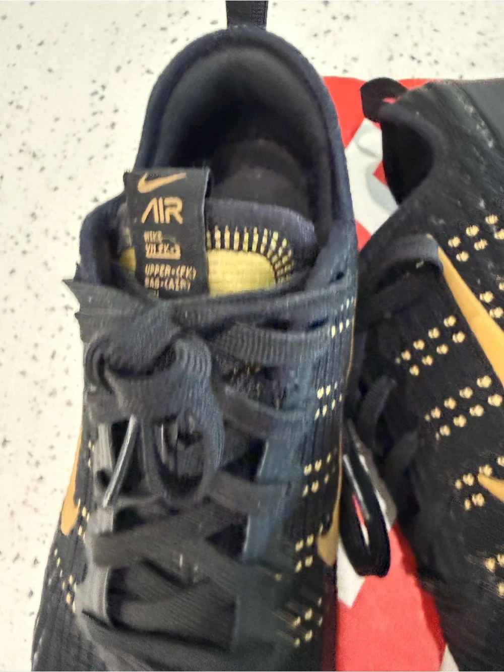 Women’s Sz 7 Nike Black Knit Shoes with Gold Swoosh